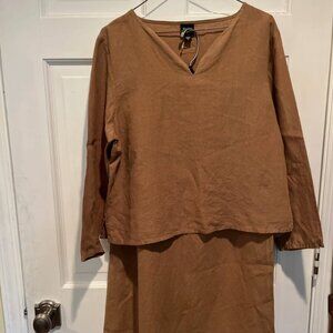 Eileen Fisher Tan/Brown Linen Skirt Blouse Top Set Long Sleeve Size SMALL